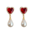 Gold Red Heart Crystal Pearl Drop Earrings Pave Pair view 5