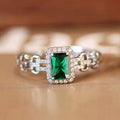 Silver Emerald-Cut Green Halo Geometric Link Finger Ring view 2