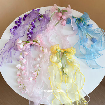 Organza Flower Bow Duckbill Hair Clips Pearl Streams