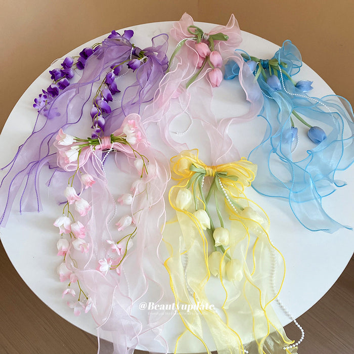 Organza Flower Bow Duckbill Hair Clips Pearl Streams