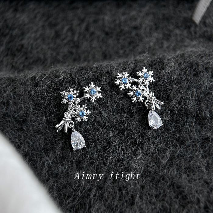 Silver Tone Aqua Snowflake Branch And Clear Teardrop Stud Earrings
