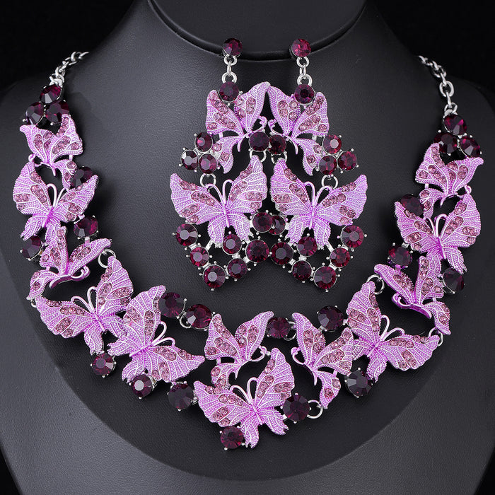 Black Silver Tone Butterfly Crystal Five Designs Metal Necklace and Earring Set