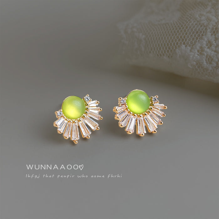 Gold Tone Clear Stone Sunburst And Green Round Stud Earrings