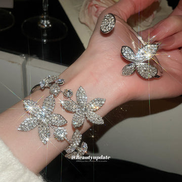 Silver Crystal Flower Vine Open Bangle Butterfly Cuff