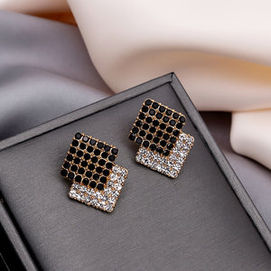 Black Clear Crystal Overlap Square Gold Stud Earrings