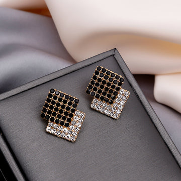 Black Clear Crystal Overlap Square Gold Stud Earrings