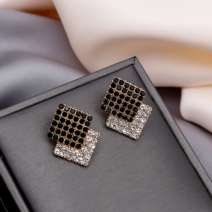 Black Clear Crystal Overlap Square Gold Stud Earrings