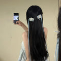 Pearl Cluster Ribbon Bow Hair Clips Long Tails Purple Blue view 3