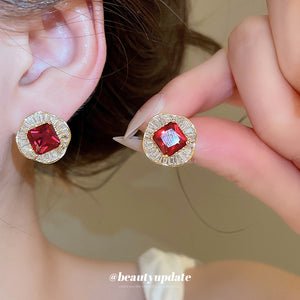 Red Square Crystal Statement Stud Earrings with Metal Settings