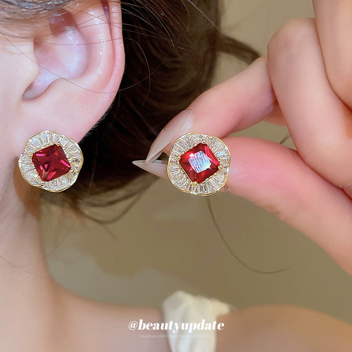 Red Square Crystal Statement Stud Earrings with Metal Settings