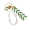 Embroidered Leaf Ribbon Wristlet Keychain With Pearl Bead Strap And Charm view 5