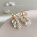 Gold Tone Matte Top And White Shell Petal Fringe Stud Earrings view 3