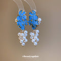 Blue Leaf and Pearl Cluster Drop Earrings Jewelry Pair view 2