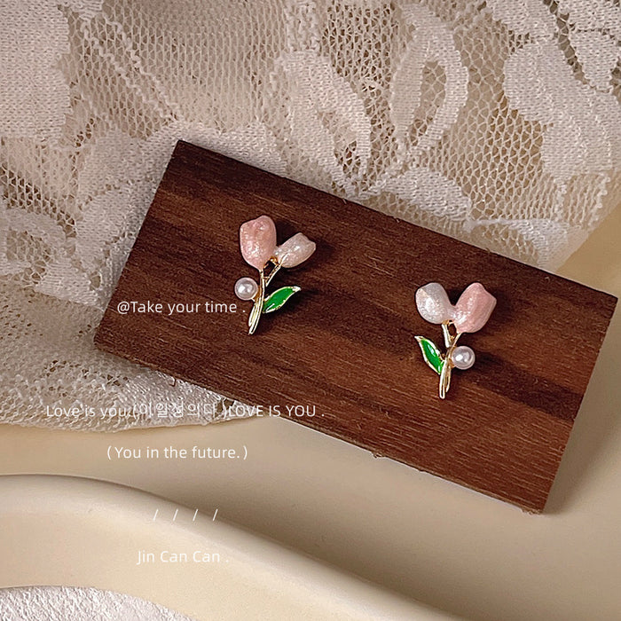 Pink White Dual Tone Tulip Stud Earrings Pearl Leaf