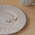 Gold Tone Round Frame White Flower And Pink Stone Stud Earrings view 3