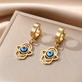 Gold Tone Hamsa Star and Lash Evil Eye Huggie Drop Earrings view 2