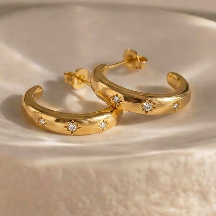 C-Shape Thick Hoop Earrings Star Zircon Gold Steel