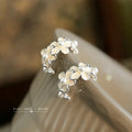 Silver Cream Flower Pearl C Hoop Earrings Pair Set view 1