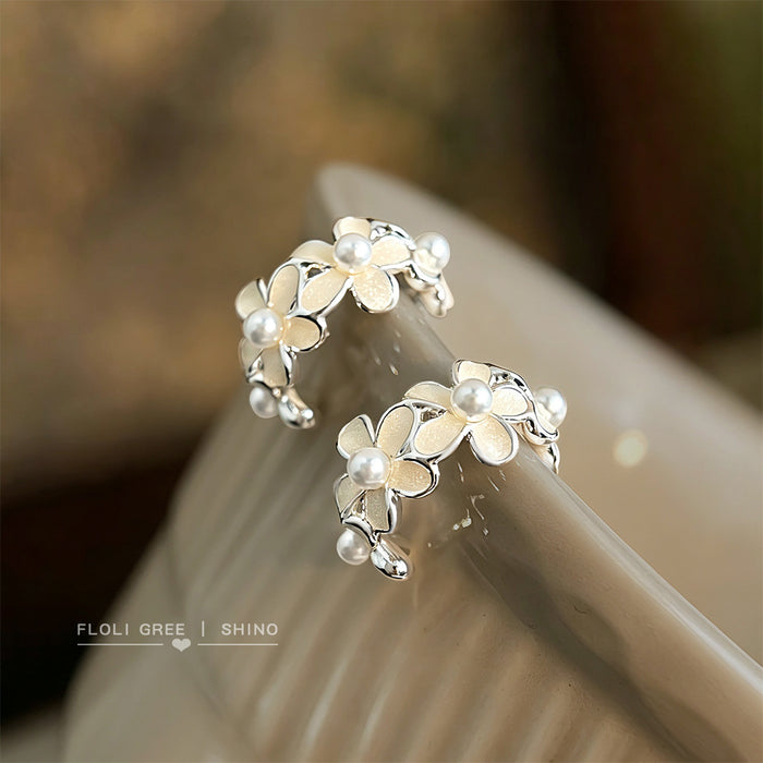 Silver Cream Flower Pearl C Hoop Earrings Pair Set