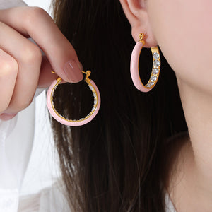 Gold Enamel Hoop Earrings Inner Rhinestone Line Five Colors