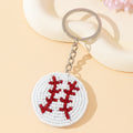White Beaded Baseball Stitch Round Keychain With Red Accents view 3