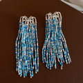 Blue Bead Tassel Stud Earrings With Silver Tone Chains view 6