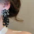 Black Crystal Floral Drop Earrings With Layered Bead Tassels view 3