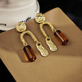Amber Rectangular Bead and Textured Gold Long Earrings view 2