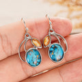Silver Turquoise Oval Amber Marquise Drop Hook Earrings view 2
