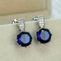 Silver Blue Round CZ Drop Stud Earrings with Pavé Bar view 3