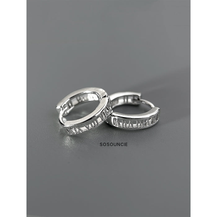 Silver Tone Roman Numeral Cutout Small Huggie Hoop Earrings