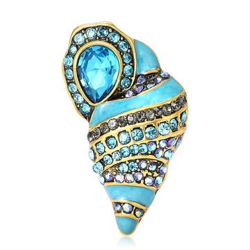 Antique Gold Enamel Rhinestone Conch Shell Brooch Pink Blue
