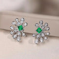 Silver Tone Green Square Crystal Floral Stud Earrings view 2