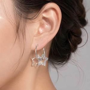 Silver-Tone Hoop Earrings with Rhinestone and Open Wire Star Drops