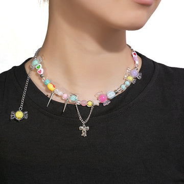 Pastel Candy Bead Necklace Heart Choker Bracelet Set