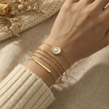 Crescent Moon Shell Disc Adjustable Bracelets in Gold and Silver Tone
