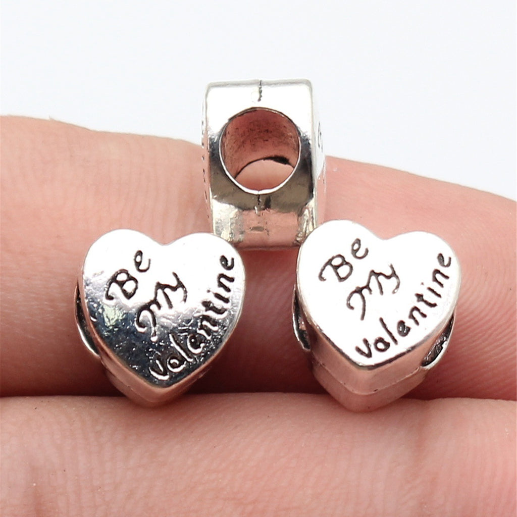 10x10x7.6mm 2.5g Antique Silver Zinc Alloy Be My Valentine Heart Large Hole Beads for DIY Bracelet Making