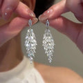 Silver Tone Crystal Wheat Leaf Long Cluster Drop Earrings view 6