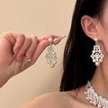 Silver Pearl Rhinestone Flower Necklace And Earring Set view 3
