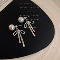 Silver Tone Pearl Like Bow Long Bar Drop Stud Earrings view 3