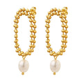 Double Bead Oval Hoop Pearl Drop Earrings Gold Steel view 5