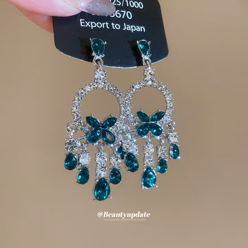 Silver Tone Green Crystal Butterfly Chandelier Earrings