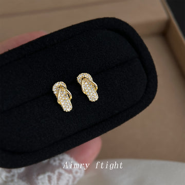 Gold Tone Clear Stone Flip Flop Mini Stud Earrings For Women