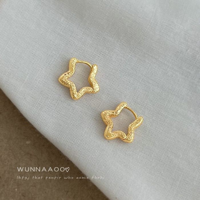 Gold Tone Textured Open Star Huggie Hoop Earrings For Women