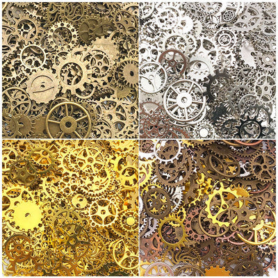 Matte gold-tone assorted shape charms arranged on a light background