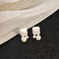 Brushed Square Metal Pearl Duo Stud Earrings Gold Tone view 4