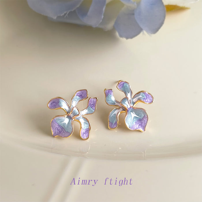 Gold Tone Iridescent Purple Blue Iris Flower Stud Earrings