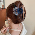 Blue And Brown Layered Yarn Flower Fuzzy Hair Claw Clip view 4