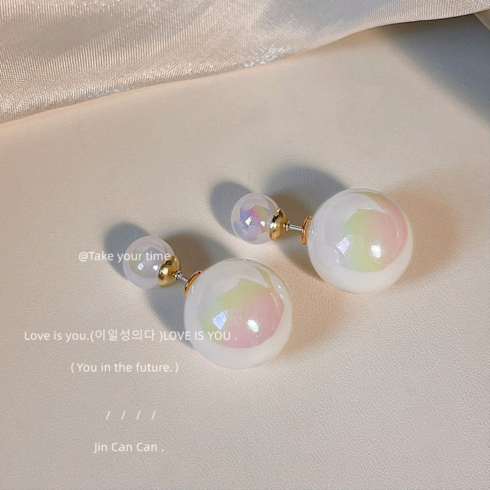 Gold Iridescent Double Pearl Front Back Stud Earrings