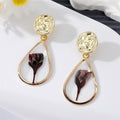 Gold Tone Geometric Resin Pressed Flower Drop Stud Earrings view 6